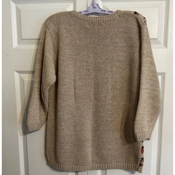 VNTG 80's Chrysantheme Cottagecore Cozy Beige Floral Padded Shoulder Sweater Med - Picture 2 of 9